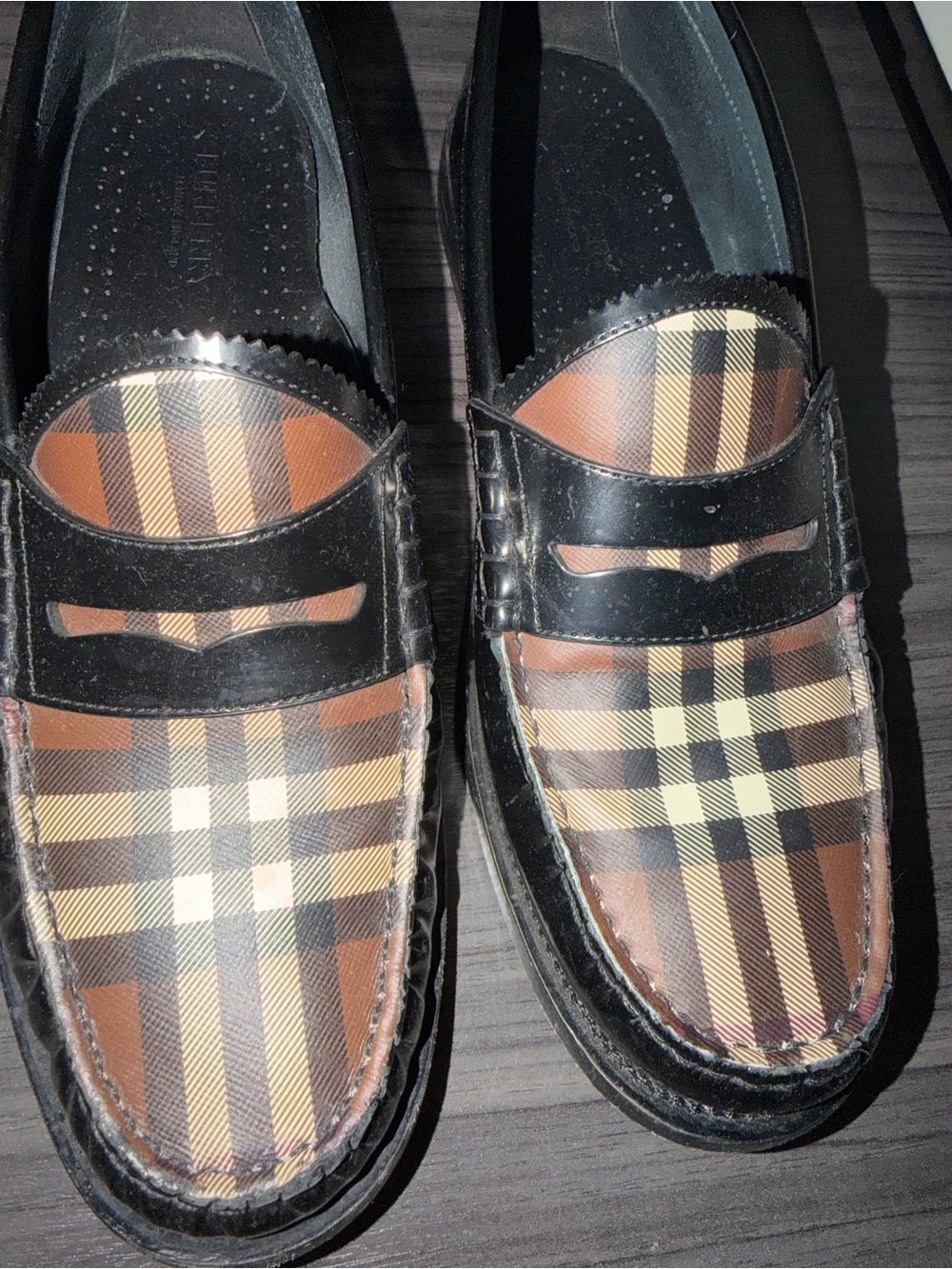 Burberry Black Leather Penny Loafers with Brown Plaid Vamp
